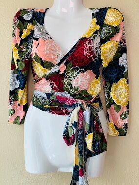 YO YO 5 Bright Floral Puff Sleeve Wrap Tie CottageCore Crop Blouse Size S
